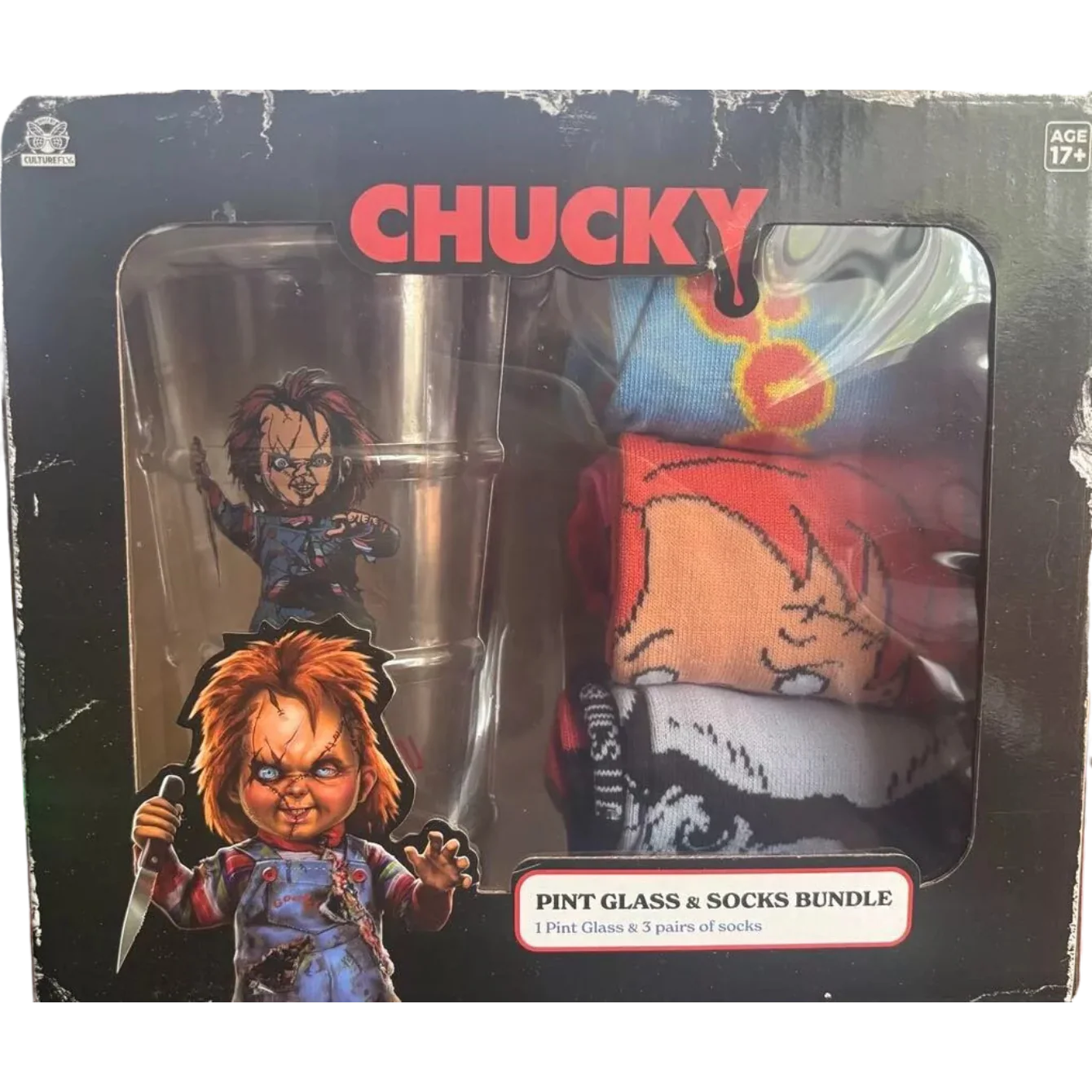 CHUCKY HORROR DOLL Pint Glass & 3 Pack Socks BUNDLE